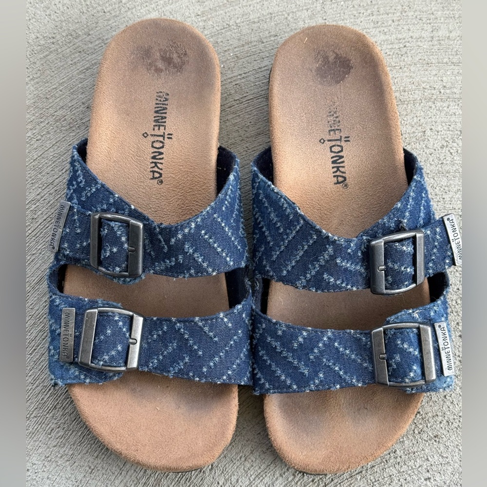 Minnetonka Sandals Slip On Blue Denim Look Adjustable Straps Comfort 7